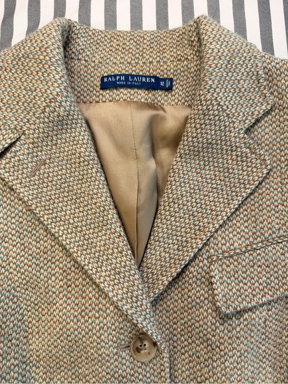 Women's Ralph Lauren Made in Italy Lambswool Alpaca Tweed Blazer Jacket 12 Tan - Picture 3 of 16
